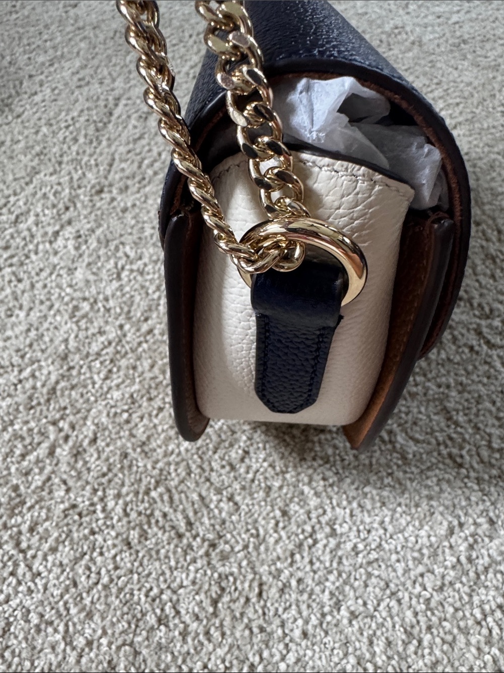 Cole Haan Navy and Brown Pebbled Leather Crossbody with Gold Chain - Picture 5 of 14